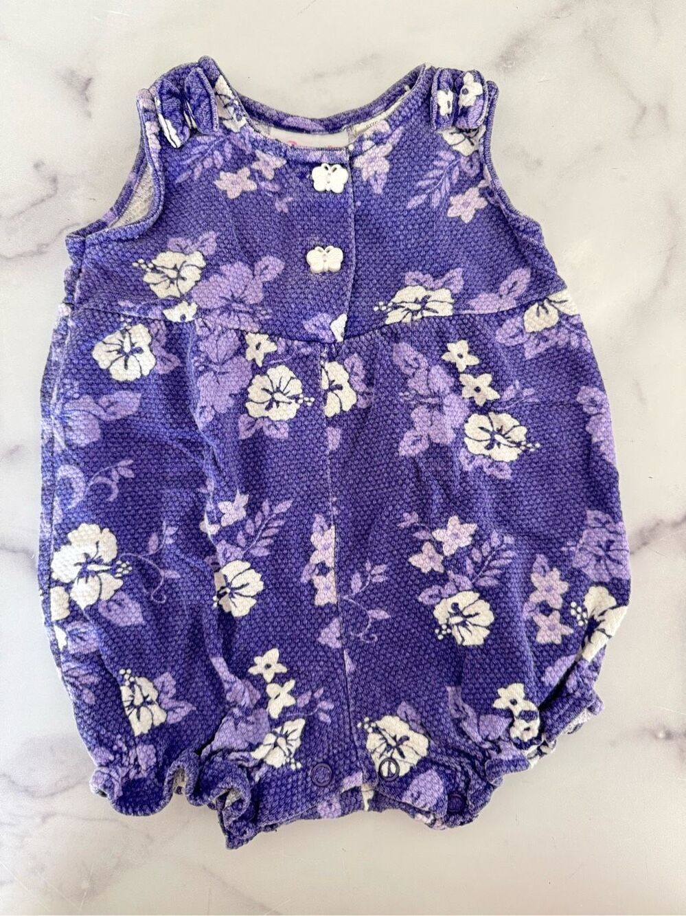 Small steps 3-6 month vintage 90s retro purple Hawiiaan floral romper hibiscus c